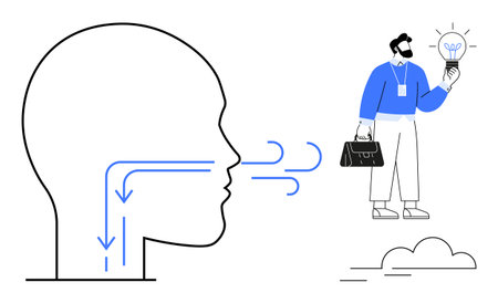 Human head outline with breathing airflow arrows and man holding light bulb for innovation. Ideal for health, breathing, creativity, insight, problem-solving, innovation, wellness, simple flatのイラスト素材
