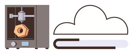 3D printer creating a geometric object alongside cloud storage icon, representing digital manufacturing, data transfer, and innovation. Ideal for technology, design, manufacturing, data sharingのイラスト素材