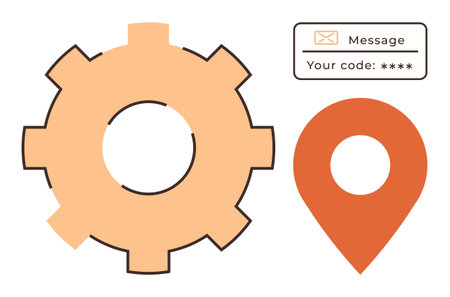 Settings gear, location pin, and secure message notification represent efficiency, navigation, communication, security, verification, system configuration and technology solutions. Ideal for userのイラスト素材