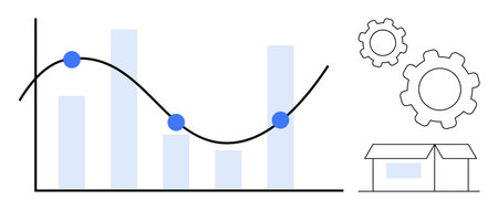 Graph with trendline and markers, gears, and warehouse outline represent workflow, logistics, operations, optimization, strategy, progress and market analysis. Ideal for simple landing pageのイラスト素材