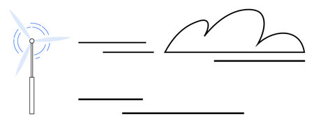 Wind turbine generating energy with linear wind lines and cloud outline. Ideal for sustainability, renewable energy, environment, clean energy, climate change, simplicity, modern aesthetic. Simpleのイラスト素材