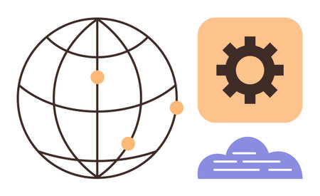 Globe with interconnected nodes, gear inside square, and cloud representing global networking, technology, and data management. Ideal for innovation, development, cloud, globalization internetのイラスト素材