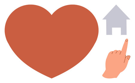 Large red heart beside house icon with hand pointing to it, representing love, home, care, decision-making. Ideal for family, housing, charity empathy health community safety. Simple flatのイラスト素材