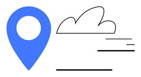 Blue navigation pin beside a cloud and flowing lines symbolizing location, movement, and weather. Ideal for travel, navigation, delivery, logistics, weather, environment simple landing pageのイラスト素材