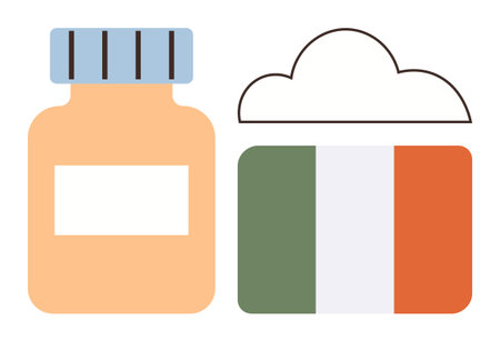 Orange medicine bottle with label next to a cloud featuring the Irish flag. Ideal for healthcare, medicine, data storage, Ireland, technology, cloud computing, pharmaceutical themes. Simple flatのイラスト素材