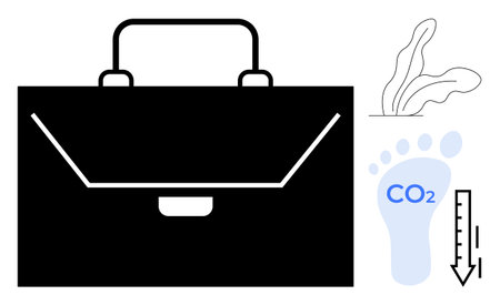 Black briefcase alongside carbon footprint graphic, thermometer, and plant leaves. Ideal for eco-business, sustainability, environmental impact, green jobs, climate change, corporate responsibilityのイラスト素材