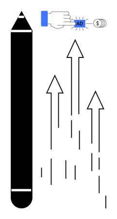 Pen next to upward arrows and hand clicking ad with coins, representing creativity, growth, and paid advertising. Ideal for marketing, strategy, business growth, digital ads, innovation designのイラスト素材