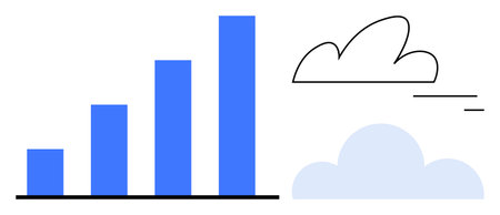 Blue bar graph showing growth trend alongside minimalistic clouds. Ideal for business, progress, growth, data analytics, innovation, success, technology. Perfect for a simple landing pageのイラスト素材