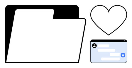 Black folder, heart shape, and chat window with messages and profile icons symbolizing teamwork, organization, communication. Ideal for file sharing, online chat, social engagement, connectionのイラスト素材