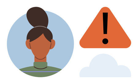 Womans profile inside a circle, large orange warning sign with exclamation mark, and light cloud design. Ideal for safety, caution, notification, alert, technology awareness decision-making. Simpleのイラスト素材