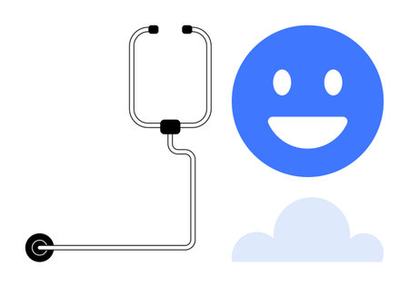 Blue smiling face, stethoscope, and cloud create a simple composition combining healthcare, wellness, and optimism. Ideal for health technology, telemedicine, positivity campaigns, medical toolsのイラスト素材