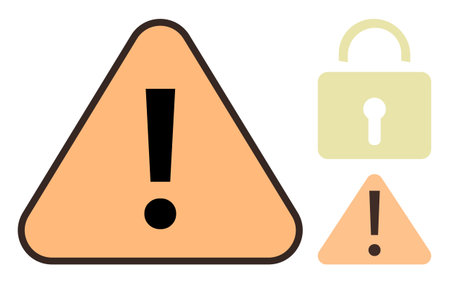 Orange warning triangle with exclamation mark, small lock, and mini caution icon. Ideal for security, caution, risk, information safety, danger hacking prevention or alert settings. Simple flatのイラスト素材
