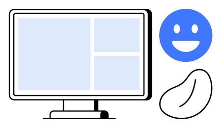 Computer monitor with open interface layout, smiling blue icon, and abstract bean-thumbs up shape. Ideal for technology, user experience, creativity, education, minimalism, connection simple landingのイラスト素材