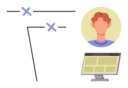 Designed navigation lines and markers, user avatar in a circular frame, desktop monitor showing webpage. Ideal for UIUX design, navigation, digital identity, software, websites, learning simple flatのイラスト素材