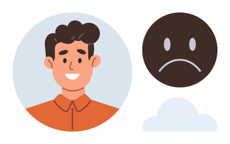 Cheerful boy in orange shirt, frowning sad face, and cloud outline highlighting mood changes. Ideal for communication, empathy, emotions, mental health, mood tracking support self-expression. Aのイラスト素材