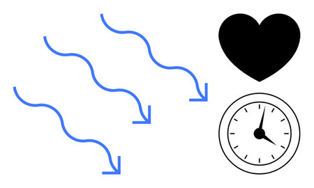 Wavy blue arrows flowing downward near a black heart and a clock face evoke themes thumbs up time, love, action, and flow. Ideal for energy, productivity, strategy, mindfulness, compassionのイラスト素材