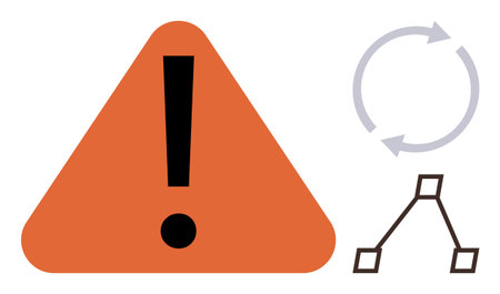 Orange caution sign with exclamation mark, circular arrow, and hierarchical diagram. Ideal for safety, workflow, alert, process, risk, warning organization simple flat metaphorのイラスト素材