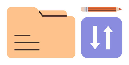 File folder for documents, pencil for writing, data exchange icon for transfer. Ideal for productivity, organization, digital storage, communication, file sharing, data management simple flatのイラスト素材