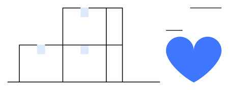 Stacked cubes with tags beside an abstract heart icon, conveying balance, structure, and compassion. Ideal for logistics, health, teamwork, charity, mindfulness planning simple landing pageのイラスト素材
