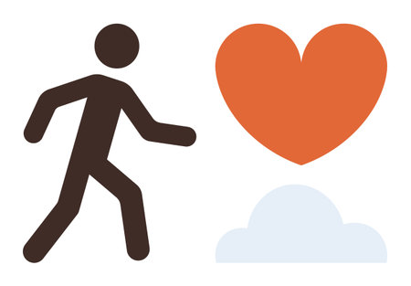 Simplified figure walking toward a large red heart above a soft cloud. Ideal for themes thumbs up health, well-being, motivation, love, positivity, mindfulness, and goal-setting. A simple flatのイラスト素材
