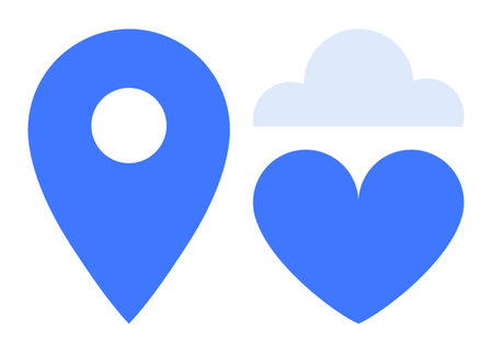 Blue location pin, heart, and cloud symbols. Ideal for location, connection, love, weather, cloud storage GPS and environmental themes. Perfect for a simple landing pageのイラスト素材