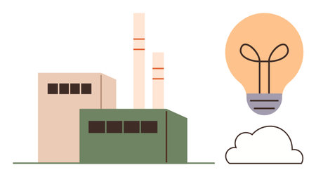 Factory complex with two smokestacks, large lightbulb, and simple cloud. Ideal for energy, industry, innovation, sustainability, environment renewable resources and clean technology. Simple flatのイラスト素材
