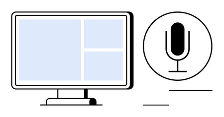 Computer monitor with a grid layout beside a classic microphone, symbolizing digital media, content creation, and audio broadcasting. Ideal for technology, communication, podcasting, streamingのイラスト素材