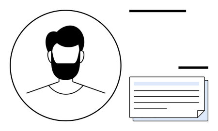 Round user avatar with a minimal outline, features a beard and hair. Adjacent ID card showcases text rows, conveying personal data, identification. Ideal for e-identity, technology, profileのイラスト素材