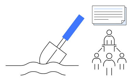 Shovel digging into ground, document with text lines, hierarchical team chart. Ideal for teamwork, strategy, planning, groundwork, organization, management leadership depicted in simple flatのイラスト素材