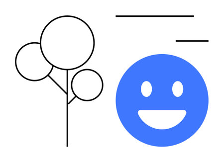 Minimal tree outline, blue smiling face, and horizontal abstract lines. Ideal for positivity, creativity, social media, branding, well-being, communication concepts simple landing pageのイラスト素材