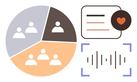 Pie chart dividing user categories, feedback detail with heart and soundwaves. Ideal for customer insights, audience analysis, feedback channels, user segmentation, communication, sound recognitionのイラスト素材
