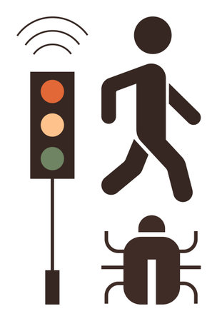 Pedestrian figure walking, traffic light with signals, and bug icon. Ideal for cybersecurity, tech, connectivity, urban systems, transportation digital safety awareness. Simple flat metaphorのイラスト素材