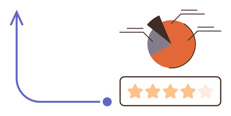 Upward arrow paired with segmented pie chart and 5-star rating system suggests progress, analytics, success, and performance review. Ideal for business, growth, data visualization, rating, analysisのイラスト素材