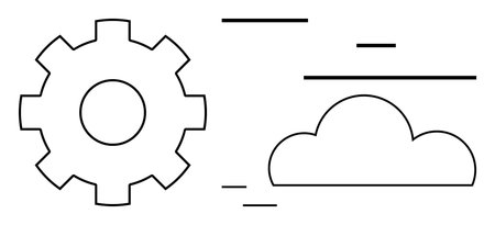 Gear symbol beside cloud with horizontal lines suggesting motion, collaboration, or digital transformation. Ideal for technology, cloud computing, innovation, progress, automation, engineeringのイラスト素材