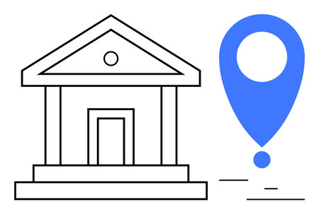 Bank facade line drawing paired with a large map pin icon, integrating finance with location marker. Ideal for banking, navigation, local services, fintech apps, finance platforms, globalのイラスト素材