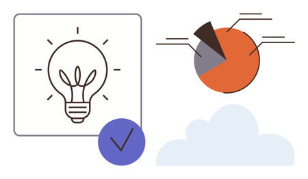 Lightbulb for ideas, pie chart for statistics, check mark for validation, cloud for storage. Ideal for creativity, analytics, data management, innovation, cloud computing problem solving simpleのイラスト素材