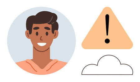 Young smiling person avatar next to orange warning sign and cloud element. Ideal for notifications, user warnings, data, security, cloud technology, online alerts, simple flat metaphorのイラスト素材