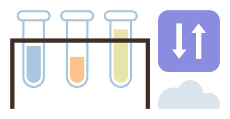 Three test tubes in a rack with varied liquid levels and colors, arrow icons suggesting data processing, and a cloud shape. Ideal for science, research, data analysis, chemistry, innovationのイラスト素材