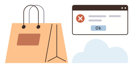 Shopping bag with error pop-up alert window and cloud element illustrating e-commerce issues, technology setbacks, or transaction failures. Ideal for online retail, technology, troubleshootingのイラスト素材
