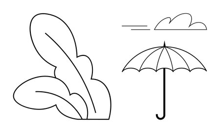Umbrella symbolizes shelter, leaves suggest growth and nature, while a cloud implies weather patterns. Ideal for sustainability, weather, ecology, environment, protection seasons minimalism. Simpleのイラスト素材