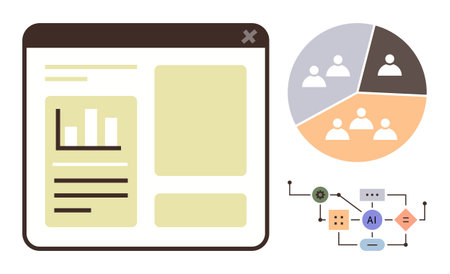Browser screen displays analytics chart and text. Circular diagram shows team distribution. AI process flow visualized through nodes and connections. Ideal for business, teamwork, analyticsのイラスト素材