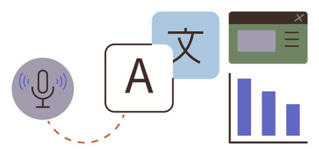 Speech microphone, language symbols, webpage interface, and bar chart emphasize translation, communication, analytics, and productivity. Ideal for education, analysis global reach communicationのイラスト素材