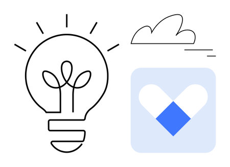 Energy-saving sprouting bulb, cloud outline, geometric blue-and-white heart in square. Ideal for sustainability, creativity, eco-solutions, growth strategies, health, technology simple landing pageのイラスト素材