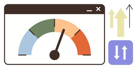 Gauge with color zones and arrow pointer inside a browser window, accompanied by up and down arrows. Ideal for performance, analytics, progress, metrics, efficiency, business growth, and simple flatのイラスト素材