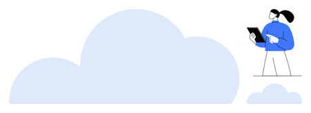 Person standing beside large cloud shape holding a digital tablet. Ideal for technology, innovation, cloud storage, IT services, data management, remote work, simple landing pageのイラスト素材