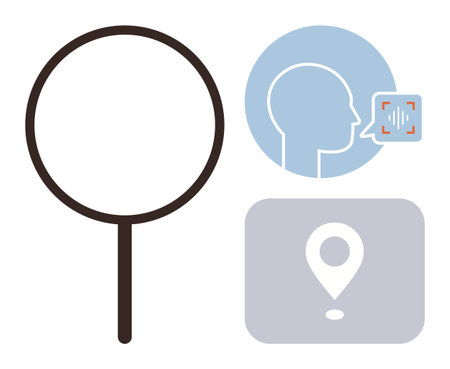 Magnifying glass, speech recognition waveform near face silhouette, and location pin highlight exploration, voice command, geolocation, navigation, virtual assistant, AI and technology. Idealのイラスト素材