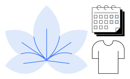 Blue flower with abstract lines, spiral calendar, and t-shirt outline. Ideal for planning, organization, nature, creativity, productivity, schedule and simple flat metaphorのイラスト素材