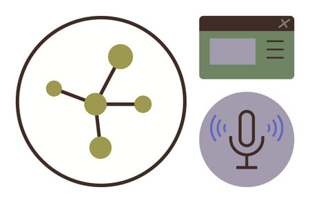 Network structure with nodes connected in a diagram, audio microphone icon, browser window interface. Ideal for connectivity, communication, technology, audio, internet tools, innovation simpleのイラスト素材