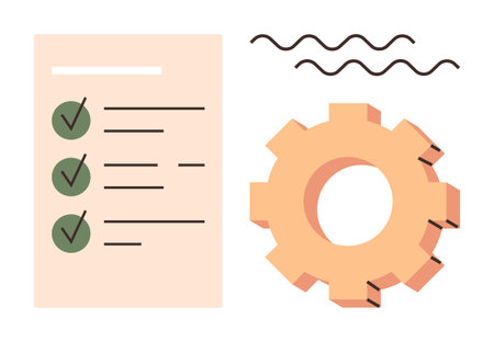 Checklist with three checkmarks beside a cogwheel, symbolizing organization, workflow improvement, or goal tracking. Ideal for productivity, project planning, teamwork, strategy, system optimizationのイラスト素材