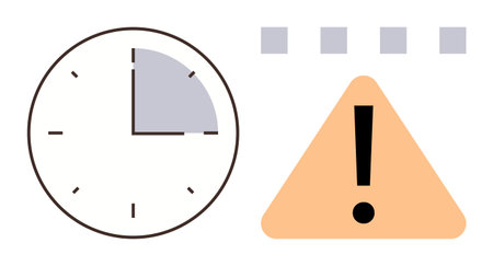 Clock with marked quarter segment and exclamation mark inside triangle emphasize time sensitivity....
